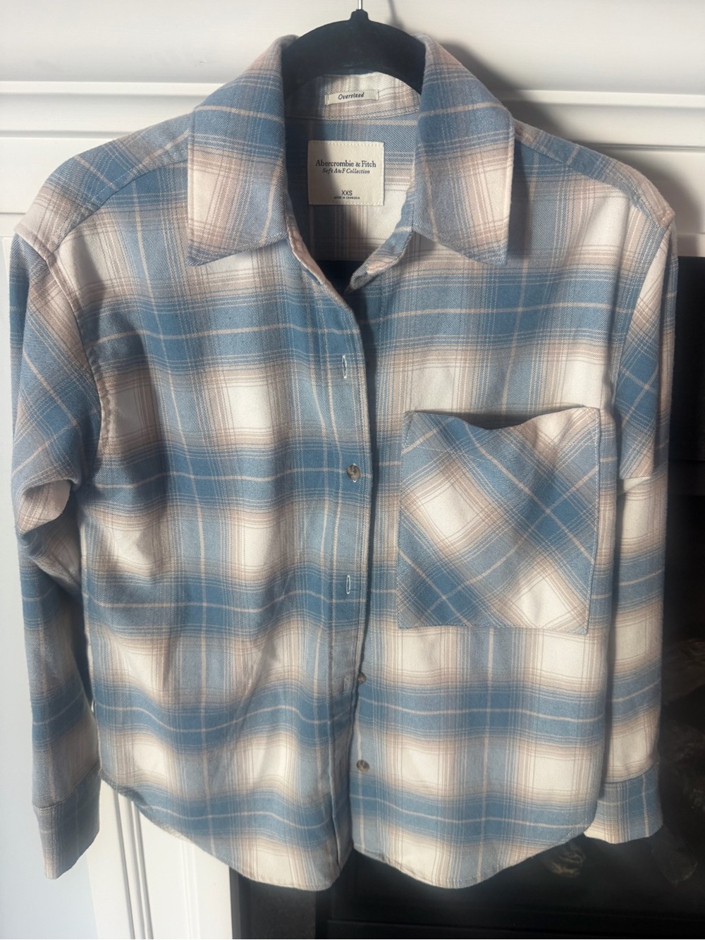 Abercrombie & Fitch Blue White Tan Plaid Button-Down Shirt OVERSIZED XXS